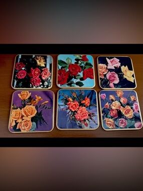 Vtg Win-El-Ware Set of 6 Rose Design 3 1/2" Coasters In Satin Floral Box SPRING